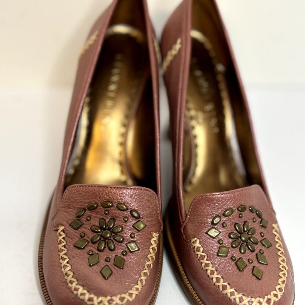 Gianni Bini Metallic Rose Gold Leather Loafer Pumps Studded Beaded Womens - Picture 3 of 5
